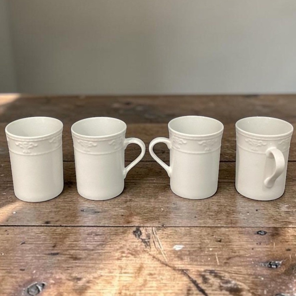 JCPenny Home White Coffee Cups, Set of 4, Vintage Inspired Patterned Mugs